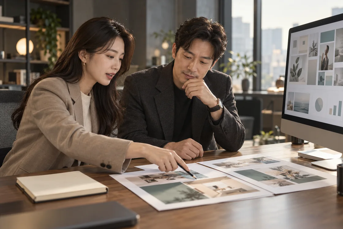 광고 소재와 캠페인 자료를 검토하는 마케팅 전문가 콘셉트